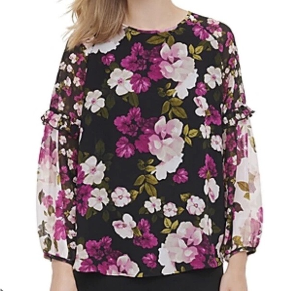 Calvin Klein Tops - Calvin Klein Floral‎ Black and Pink Ruffle Sleeve Blouse Size 1X